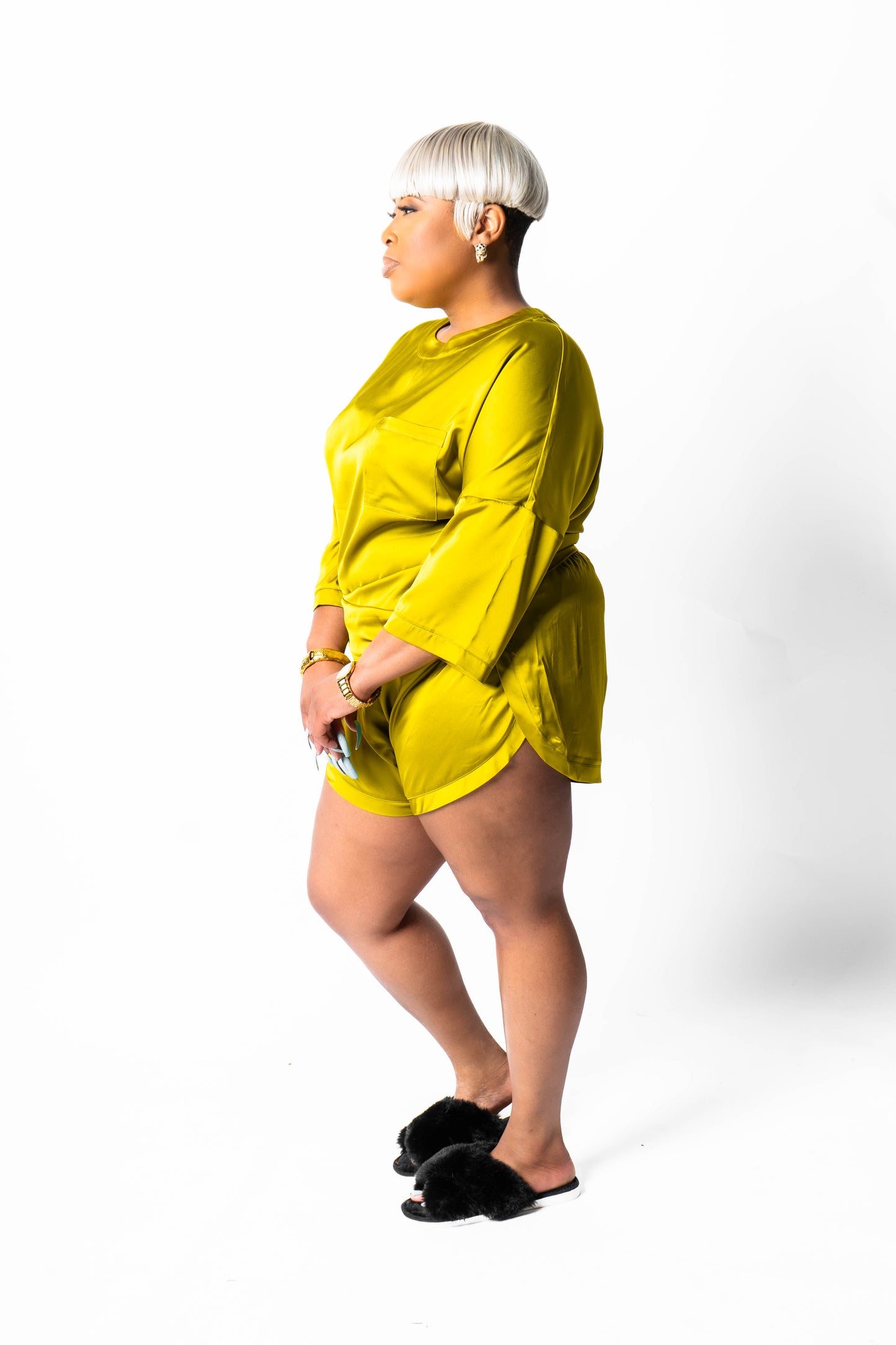 Satin PJ Short Set (Golden Green)