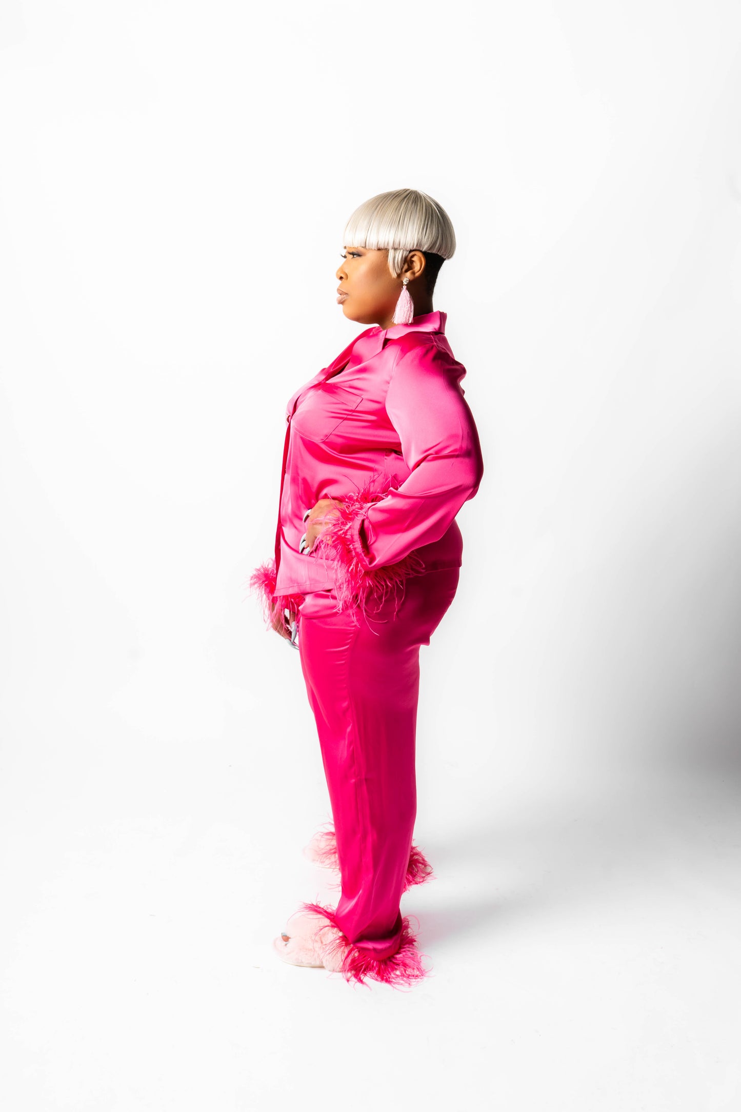 Feather Me Pretty Satin PJ Set (Pink) w/ Detachable Feathers