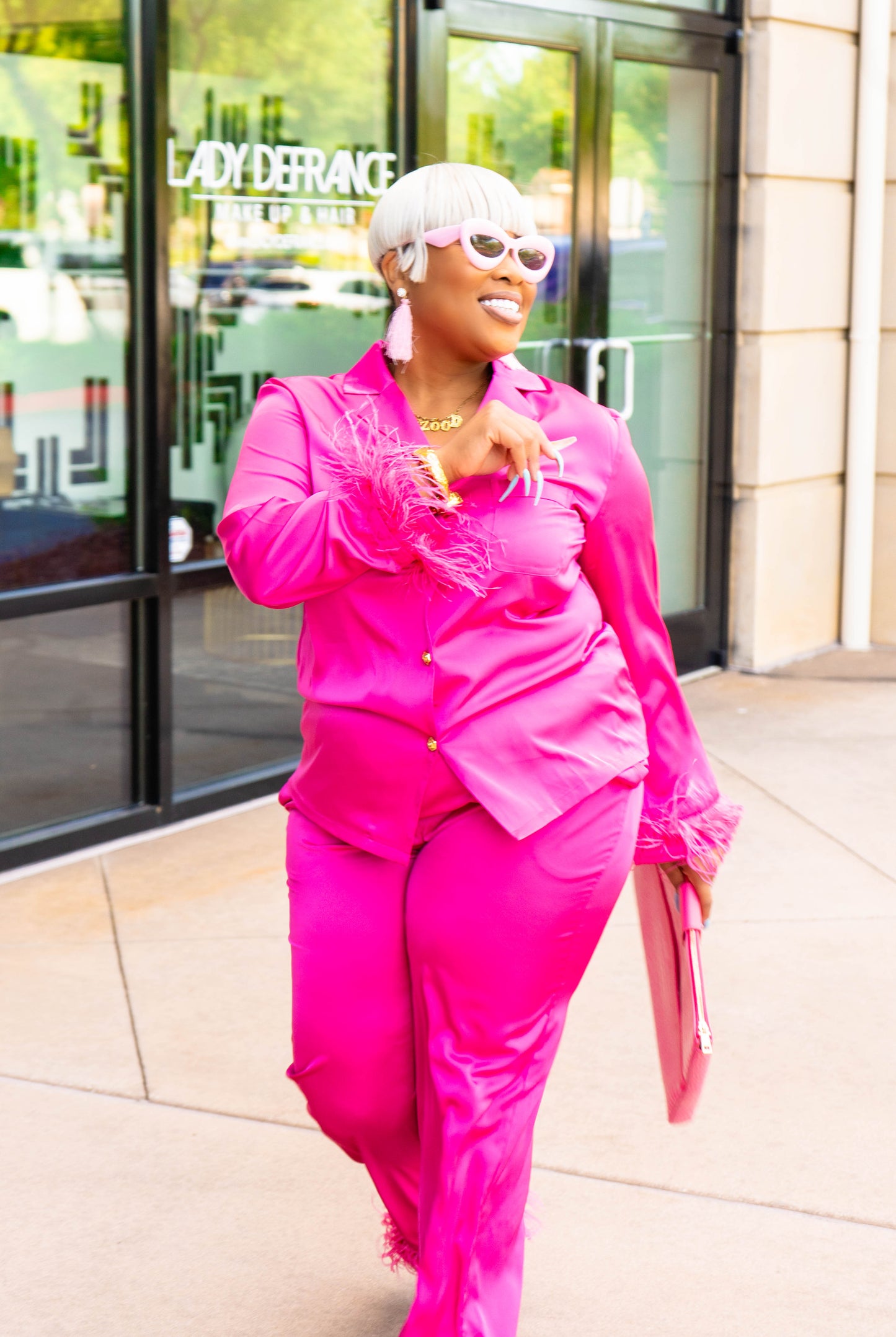 Feather Me Pretty Satin PJ Set (Pink) w/ Detachable Feathers