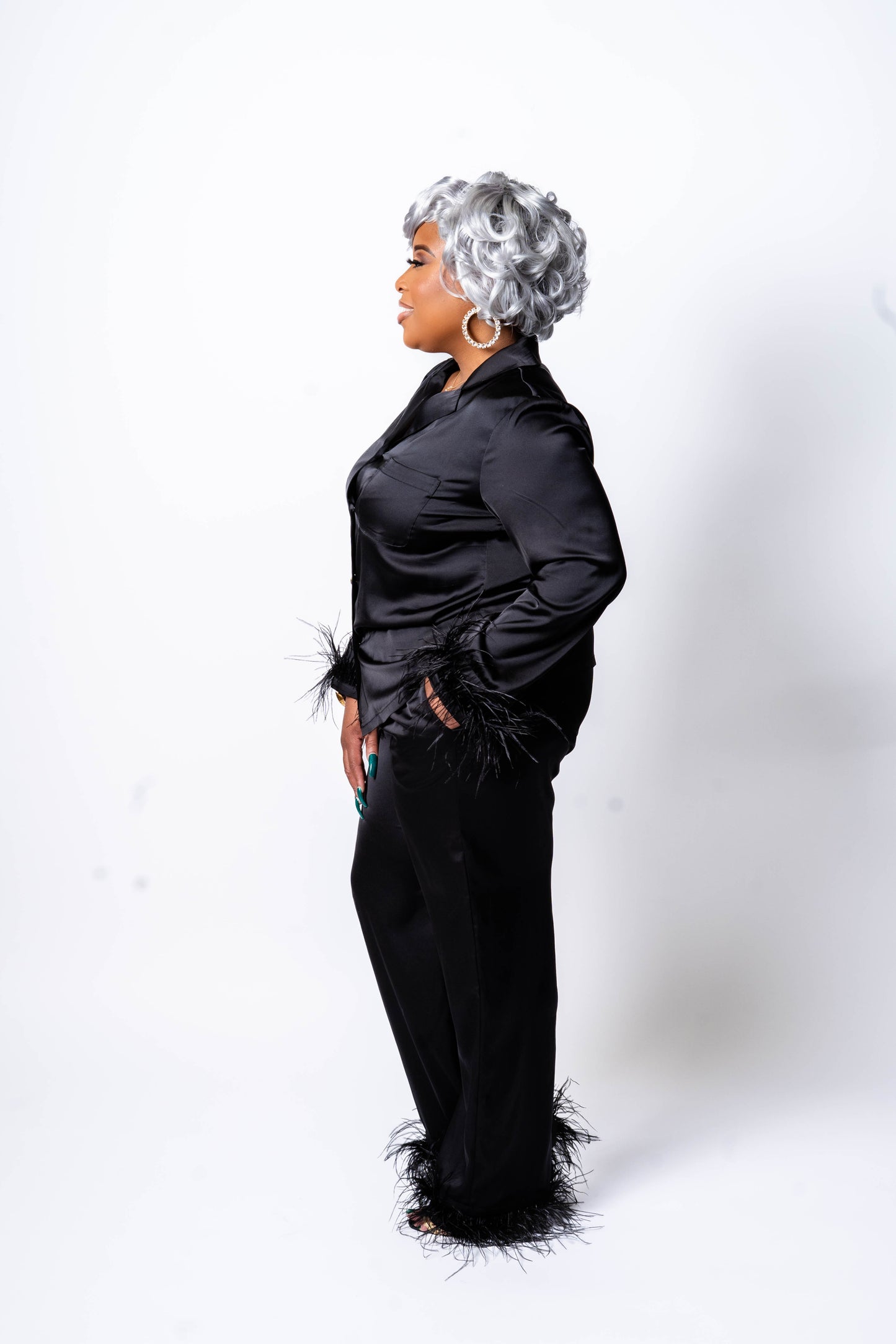 Feather Me Pretty Satin PJ Set (Black) w/ Detachable Feathers